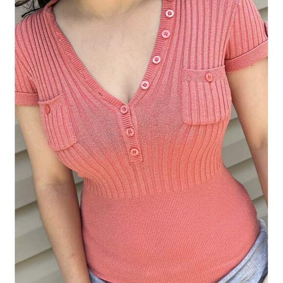 Vintage Y2K Bebe M Glitter stretch ribbed Henley blouse fitted sweater top - Picture 2 of 8